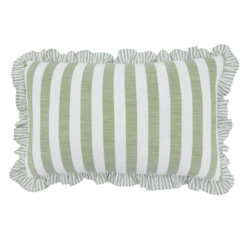 Striped Ruffle Edge Cotton-Blend Throw Pillow - Classic Cabana Stripe Design for Sofa, Bed & Accent Styling - 12"x20" - Polyester - Green