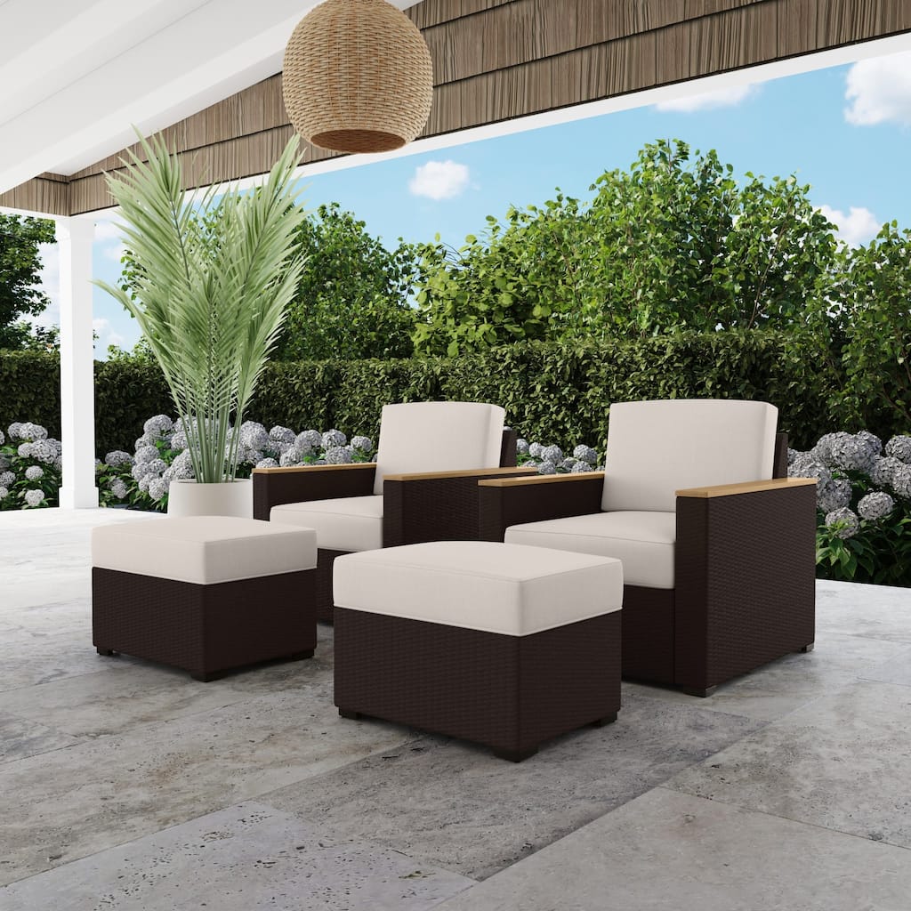 4-Piece Palm Springs Outdoor Rattan Armchair and Ottoman Set with Cushions by Homestyles