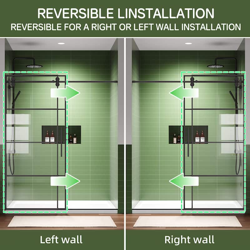 Ultra-Narrow Frame Single Sliding Shower Door 60x72, 8mm Easy-Clean Glass, Matte Black, 304 Stainless, Reversible