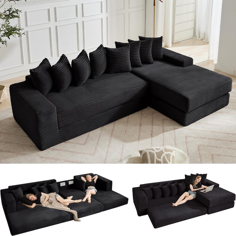 Corduroy L-shaped Chaise Sectional Sofa Convertible Sleeper Sofa Bed