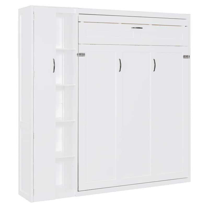 Multifunctional Foldable Murphy Bed Queen Wall Cabinet Bed with Open Storage Shelves, LED Light and Small Closet for Guest Room