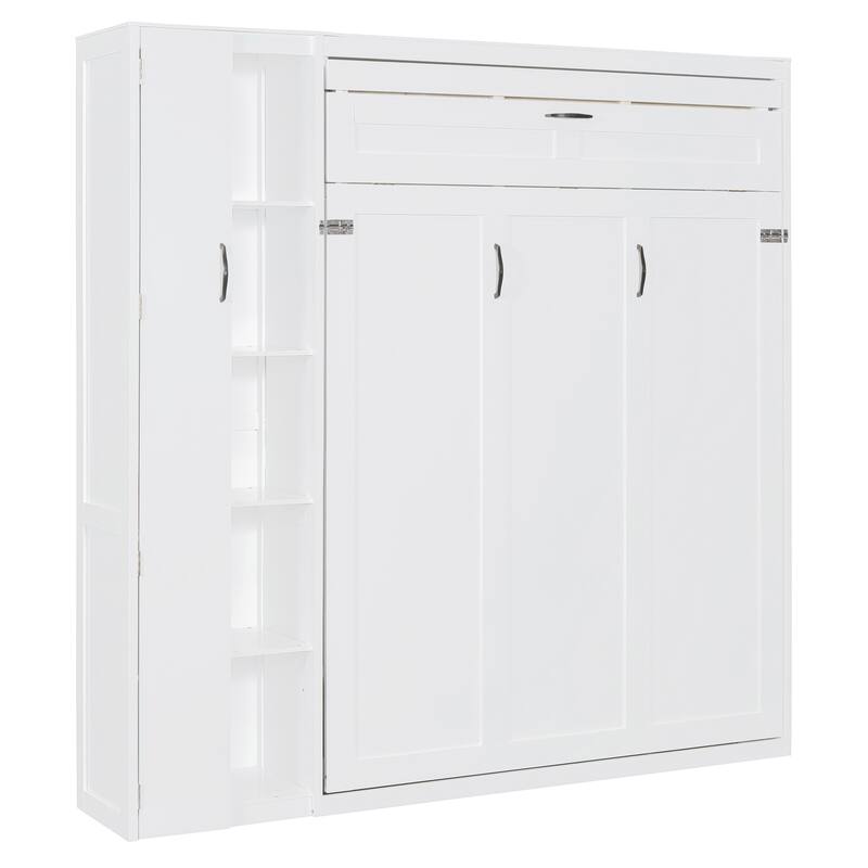 Space-Saving Full Size Wall Bed with Shelves, Wardrobe, and LED Lights, White