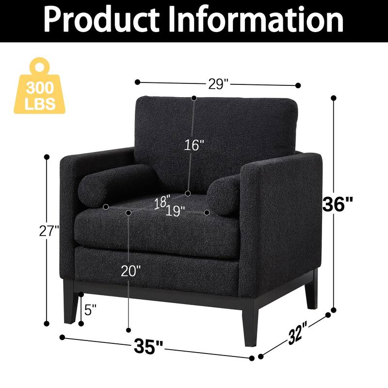 35" Farmhouse Style Boucle Single Sofa Accent Chair with Storage Footstool, Natural Wood Legs for Living Room, Office