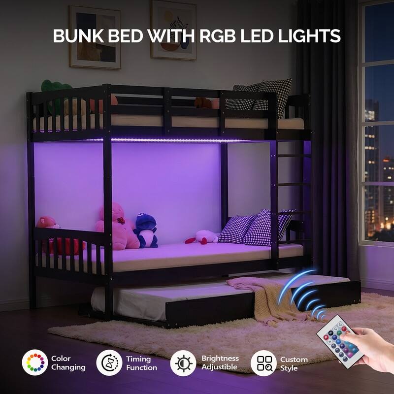 Twin over Twin Wood Bunk Bed with RGB LED Light,USB Port Charging Station and Guardrail ,Trundle Bed,Reversible Ladder