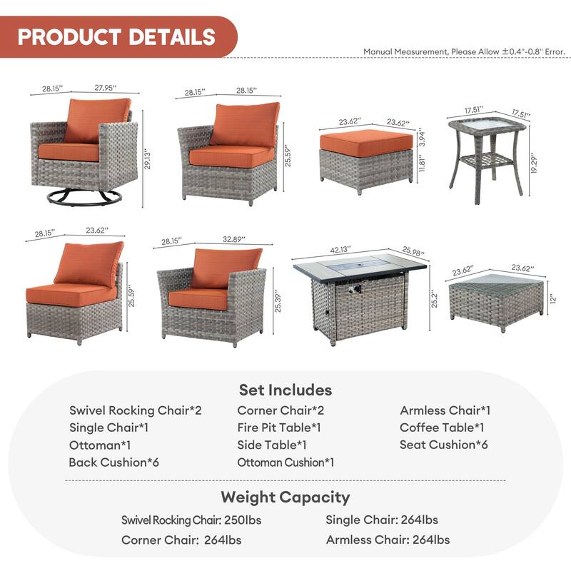 XIZZI 10-piece Outdoor Furniture Set Swivel Rocking Chair with Fire Pit