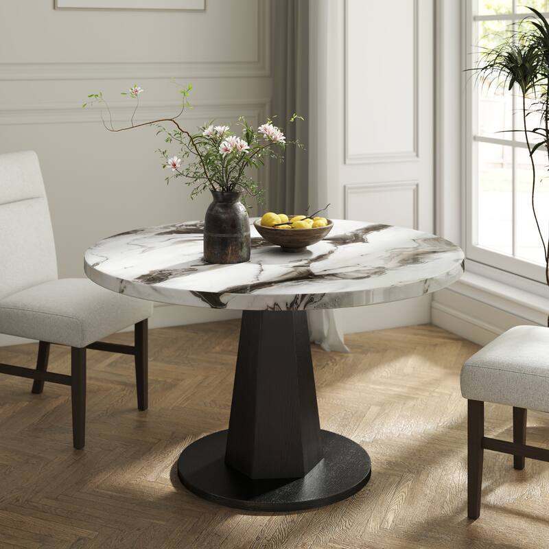 Roundhill Furniture Cavira 5-Piece Modern Dining Set, Round Faux Marble Dining Table with Four Chairs