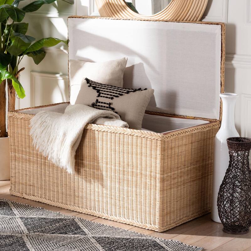 Caden Braided Natural Rattan Chest with Lift-top Lid - Coastal Boho Style Storage Bench for Bedroom, Entryway, or Living Room