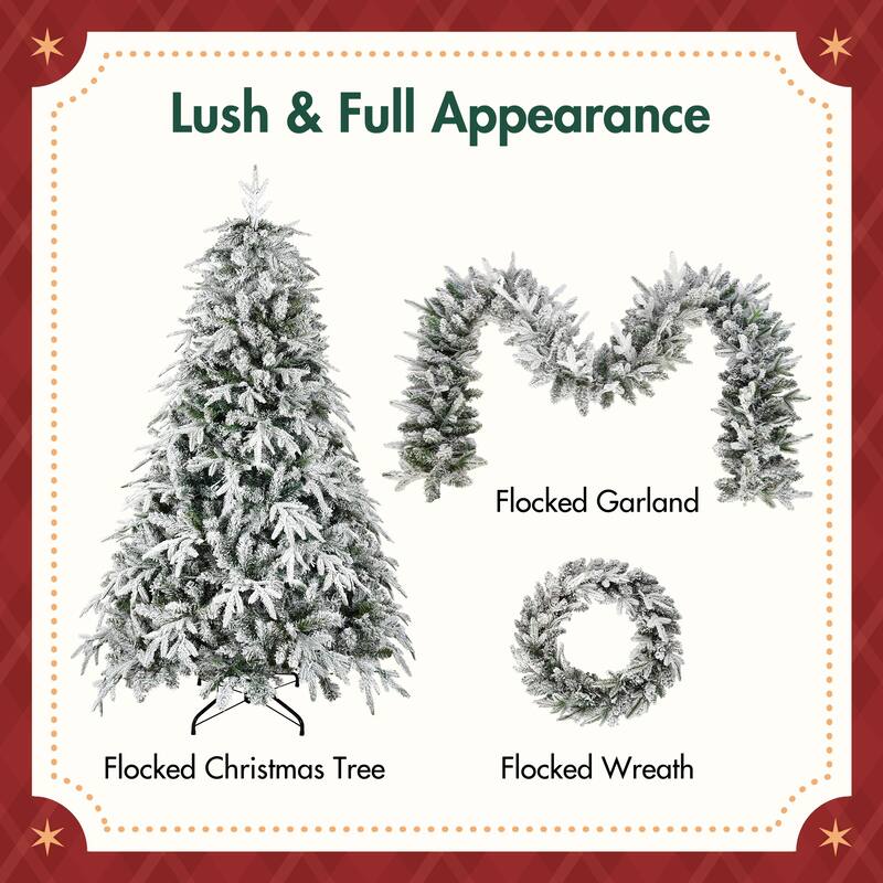 3 Pac Snowy Flocked Christmas Decor with Warm LED Lights, 9ft Flocked Garland, Flocked Wreath, 6ft Flocked Tree - N/A