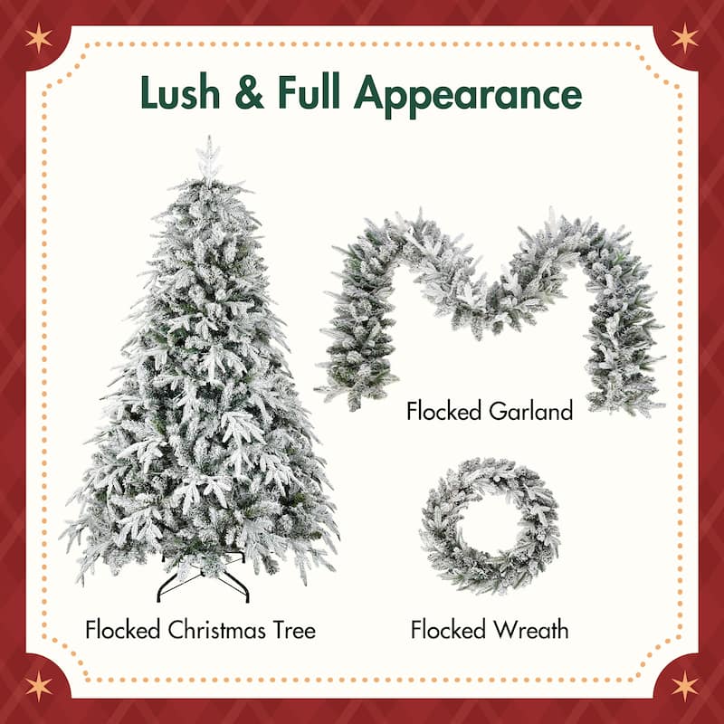 Snow Flocked Christmas Decor 3-Pack - Wreath + Garland + Tree, Warm LED Lights - Green,White