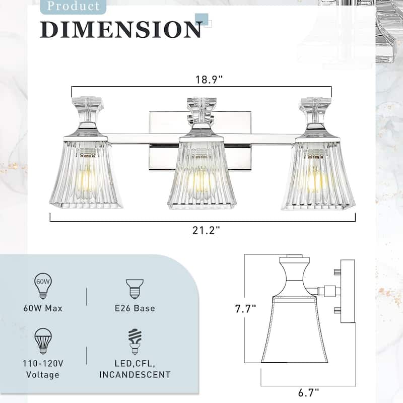 21" 3-Light Bathroom Vanity Light With Ripple Glass