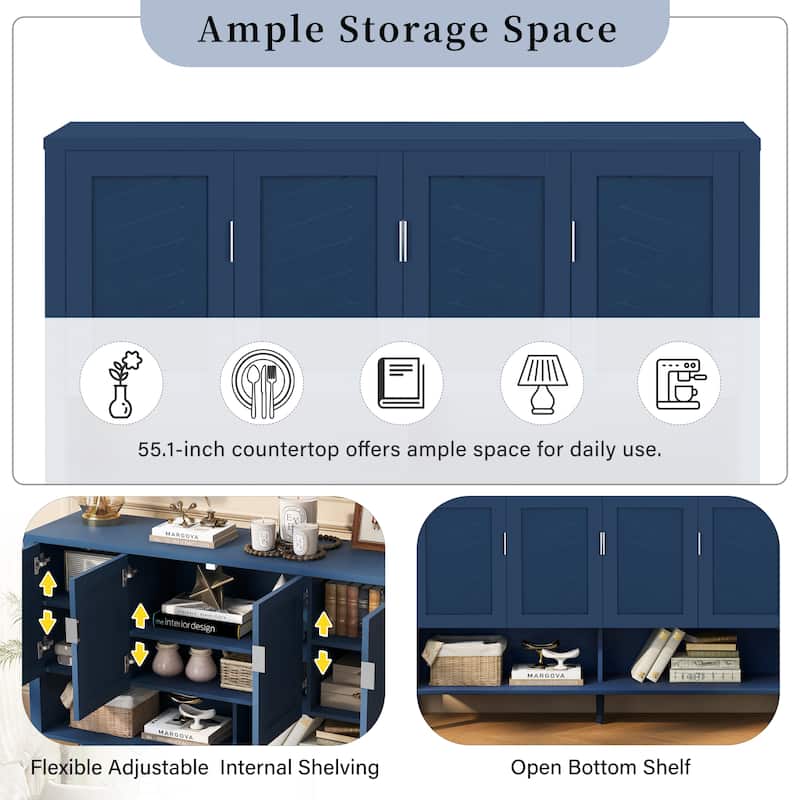 55.1" Modern Sideboard Buffet Cabinet with 4 Doors, Open Shelf, Adjustable Shelves & Side Hooks for Living Room or Dining