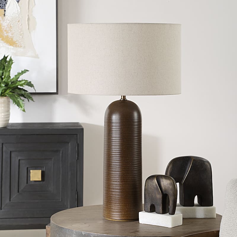 Ribbed Base Table Lamp with Tapered Shade - 29.5" - Brown