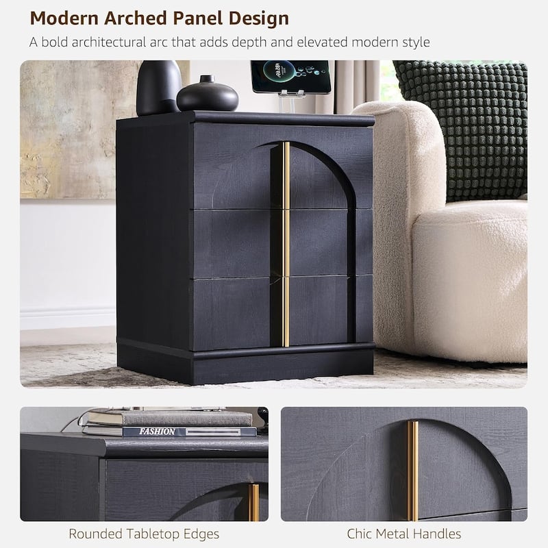 Modern Arched 3 Drawers Nightstand with Charging Station, Side Table