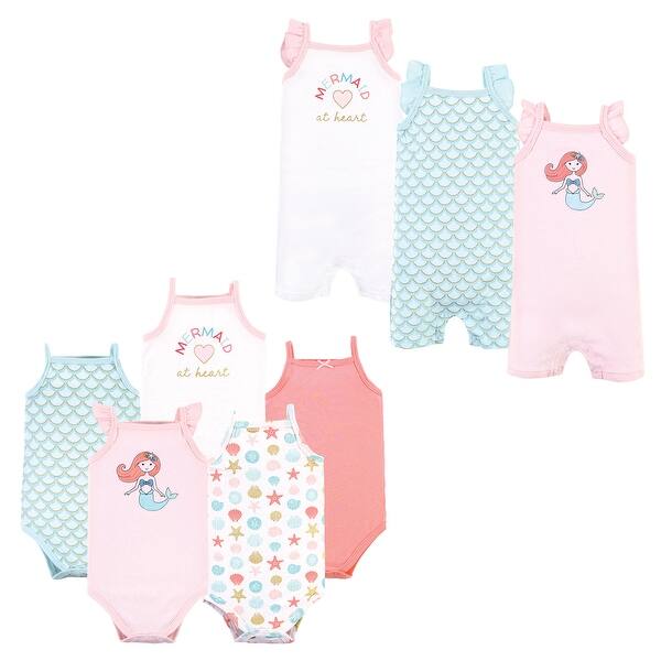 slide 1 of 1, Hudson Baby Infant Girl Cotton Bodysuits and Rompers, 8-Piece, Coral Mint Mermaid 0 - 3 Months - Blue/Pink