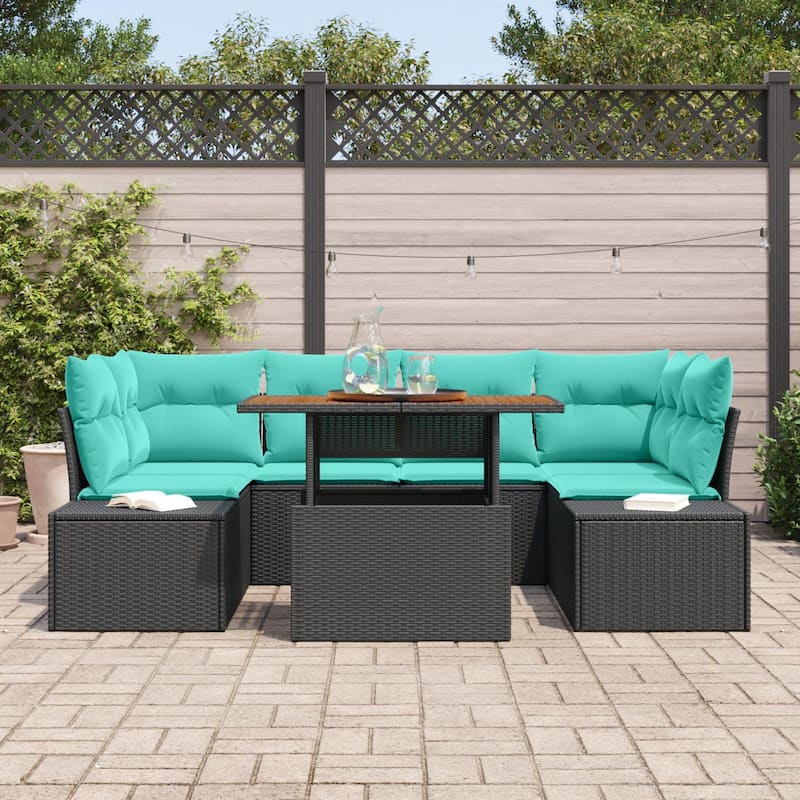 vidaXL 7 Garden Sofa Set with Cushions Black/Grey Poly Rattan - 91.7 x 60.6 x 27.2
