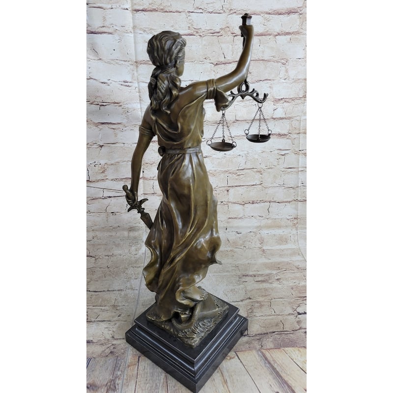 Real Bronze Metal Statue With Marble Lady Blind Justice Scales Lawyer Sculpture