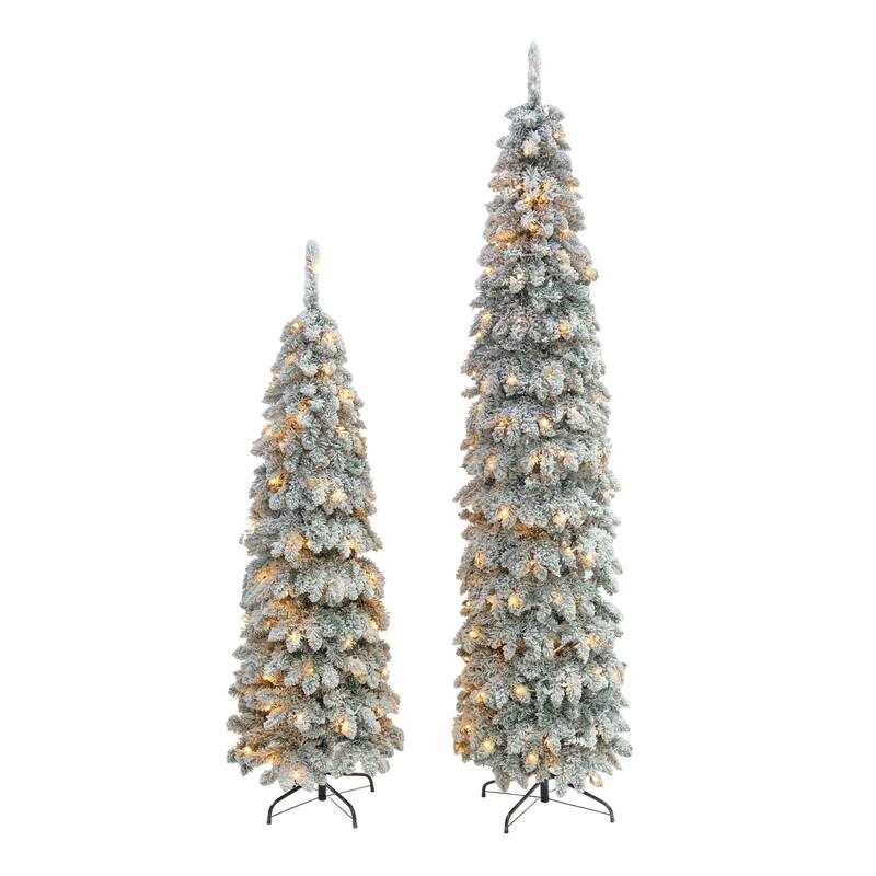 8FT,6FT,4FT x 3 Pre-Lit Pencil Christmas Trees, 5-set Slim Artificial Christmas Tree With Snow Flocking, with 11 Lighting Modes