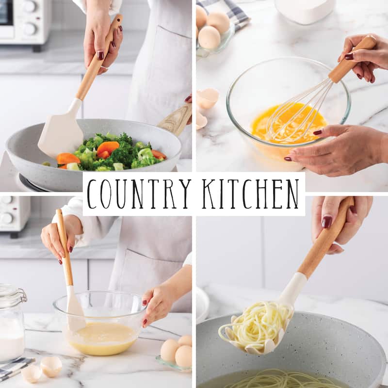 Country Kitchen Non Stick Silicone Utensil Set with Rounded Wood Handles for Cooking and Baking, 38 Piece Set