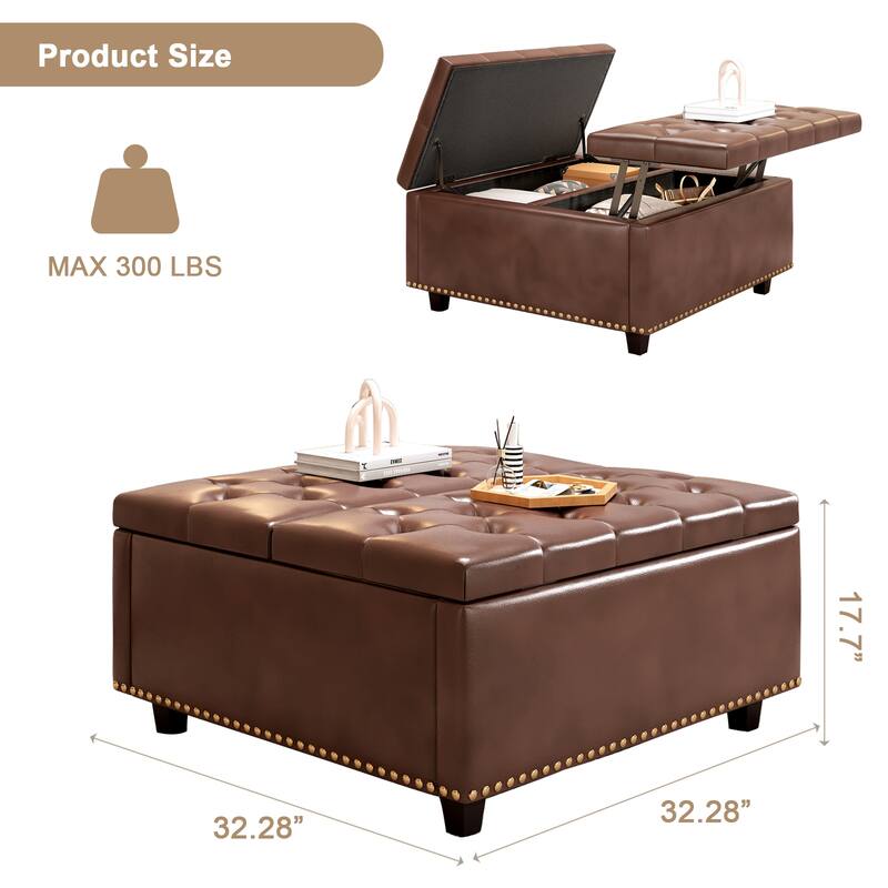Brown PU Leather Square Chair with Storage, Mid-Century Modern Coffee Table