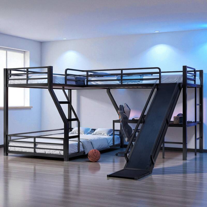 L-Shaped Metal Triple Bunk Bed with Slide & USB, Twin XL over Queen/Twin over Full with Loft, Noise-Free, Black