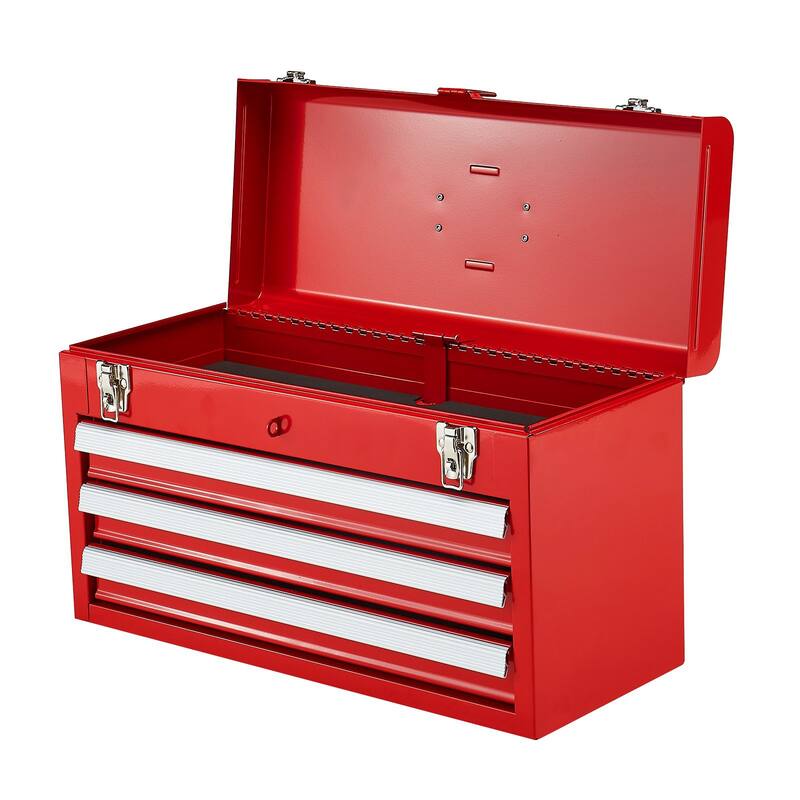 20.5 Inch Red Portable Metal Toolbox with 3 Storage Drawers and Auto Locking System - 20.5 x 8.6 x 12 in