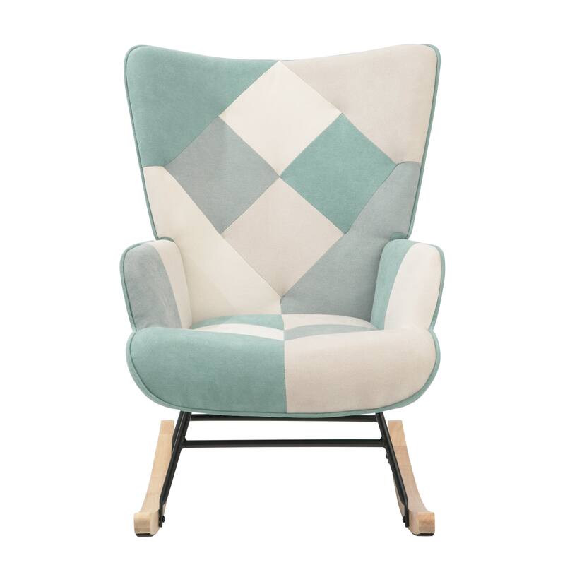 Mid Century Fabric Rocker Chair with Wood Legs and Patchwork Linen
