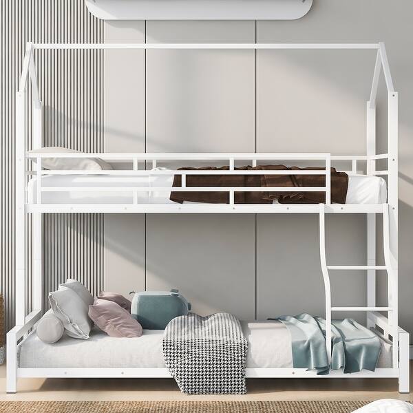 slide 2 of 27, Twin Over Full Bunk Bed, Metal House Bed Frame, Convertible to 2 Beds White - Full