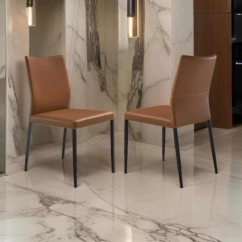 Ash 22 Inch Dining Chair Set of 2, Brown Faux Leather, Tall Curved, Black