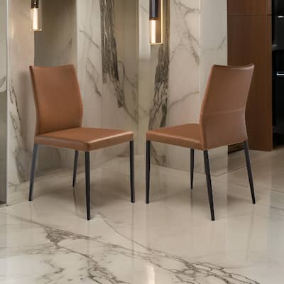 Ash 22 Inch Dining Chair Set of 2, Brown Faux Leather, Tall Curved, Black