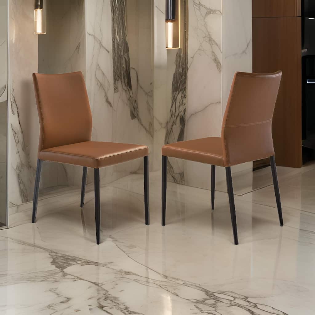 Ash 22 Inch Dining Chair Set of 2, Brown Faux Leather, Tall Curved, Black
