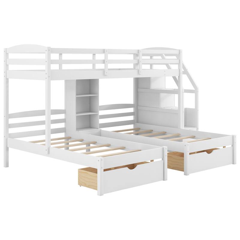 Roomfitters Twin Over Twin and Twin Triple Bunk Bed with Drawers and Storage Shelves