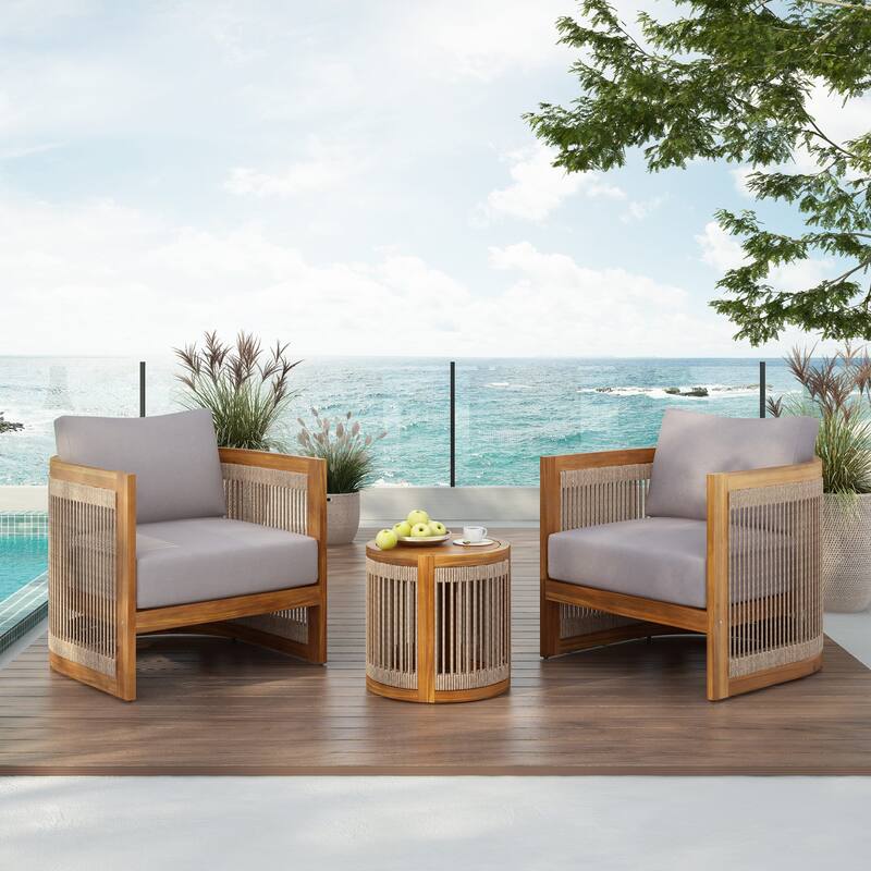 Christopher Knight Home - Bella Acacia Wood Bohemian 3 Piece Patio Chat Set with Cushion - Teak Look + Gray Cushion + Rope