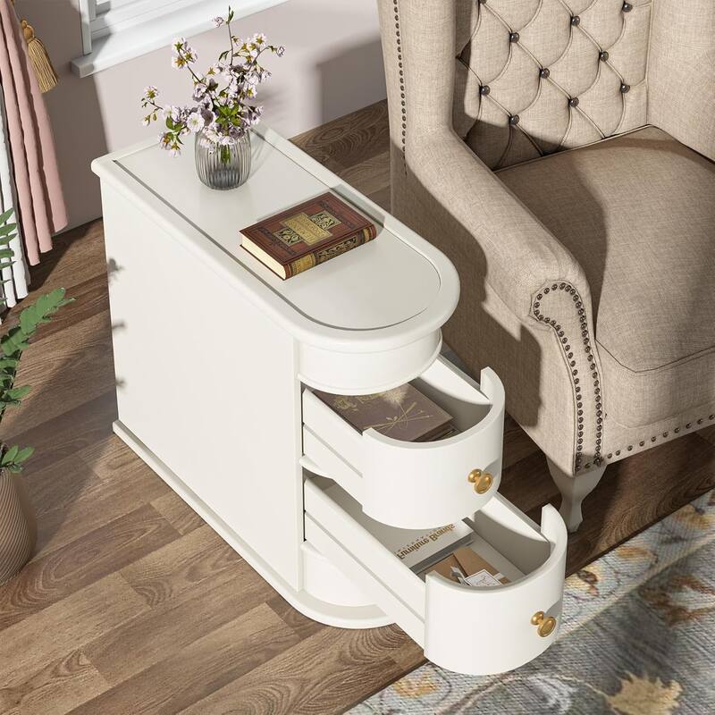 10.81" Off-White Narrow Solid Oak End Table