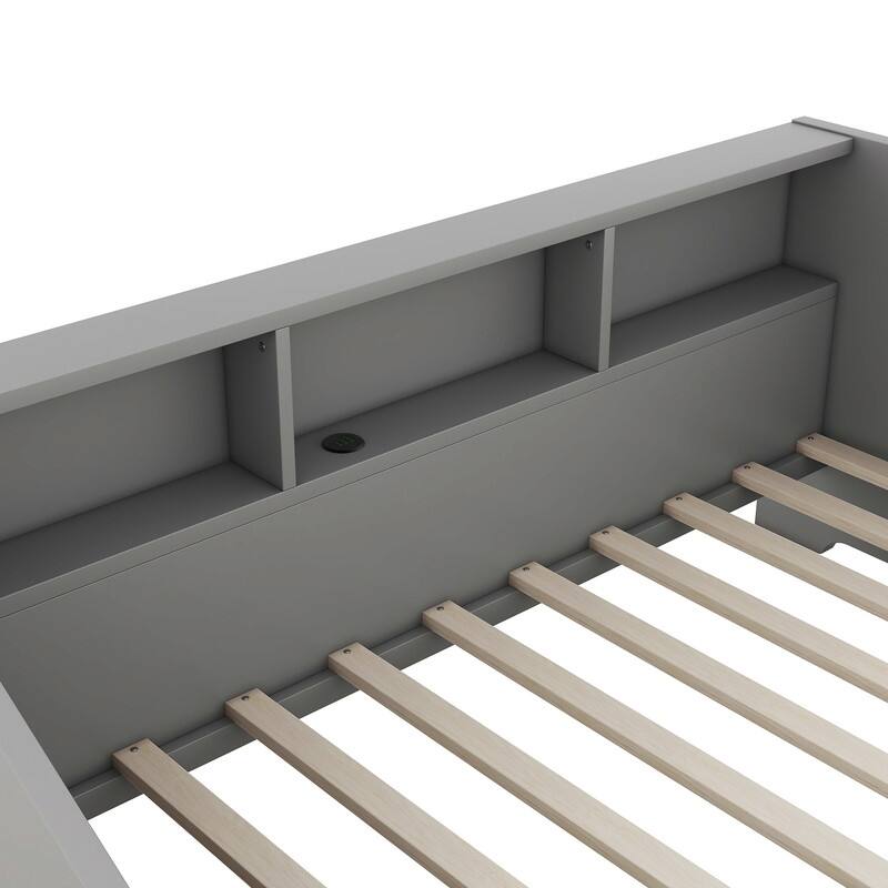 Twin to King Size Daybed Frame with Storage Bookcases and Two Drawers,Charging Design