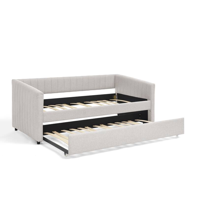 Roomfitters Twin/Full Daybed with Trundle Upholstered Sofa Bed Frame with Vertical Stripes Linen Design, Grey