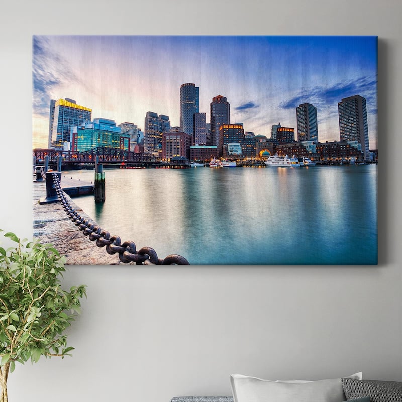 Boston Skyline with Financial District and Boston Harbor at Sunset Premium Gallery Wrapped Canvas - Ready to Hang