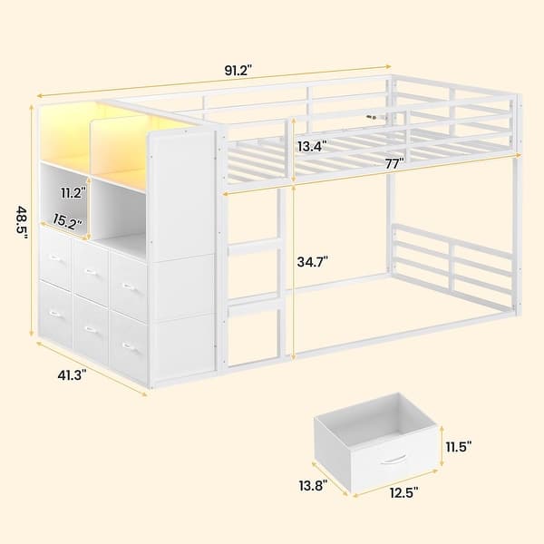 dimension image slide 7 of 10, Twin Size Low Loft Bed 6 Fabric Storage Drawers LED Lights Twin Over Twin Bunk Bed
