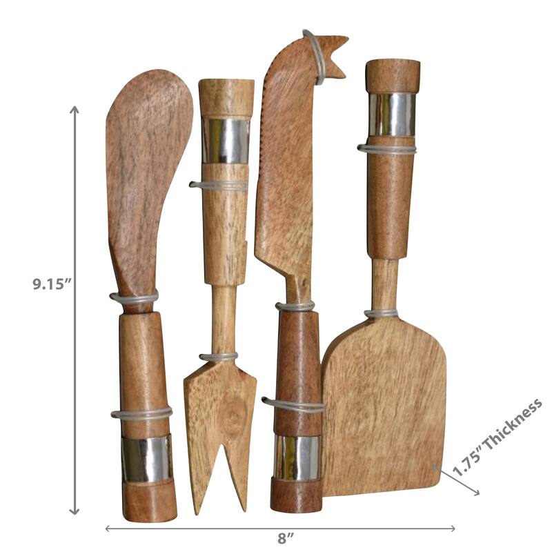 IH Casa Decor Natural Acacia Wood With Hammered Nickel 4 Pc Cheese Cutlery Set