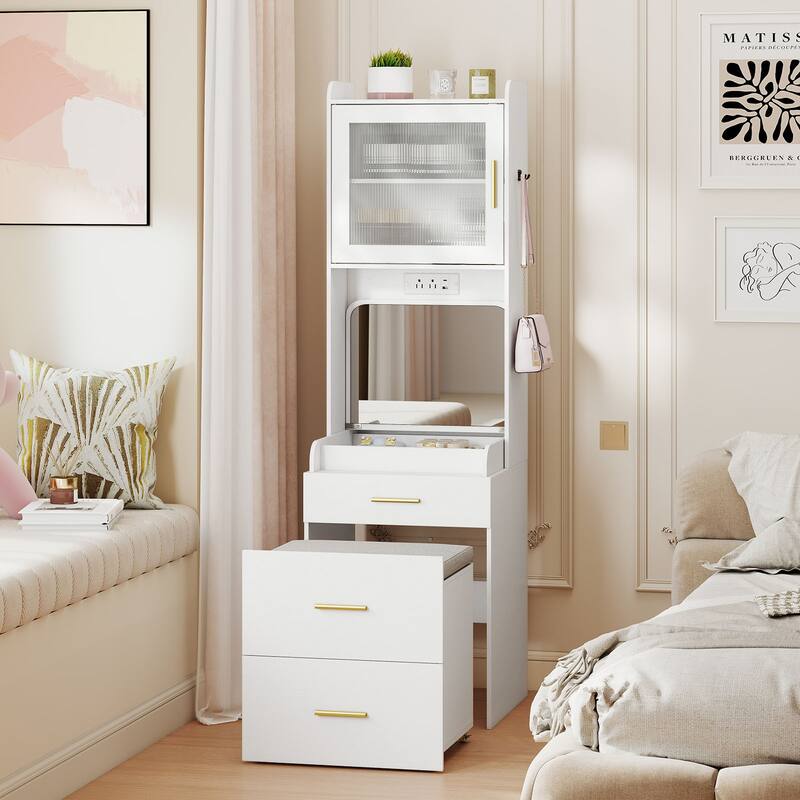 Gymax Makeup Vanity w/Flip-top Mirror Power Outlets & Hidden Storage