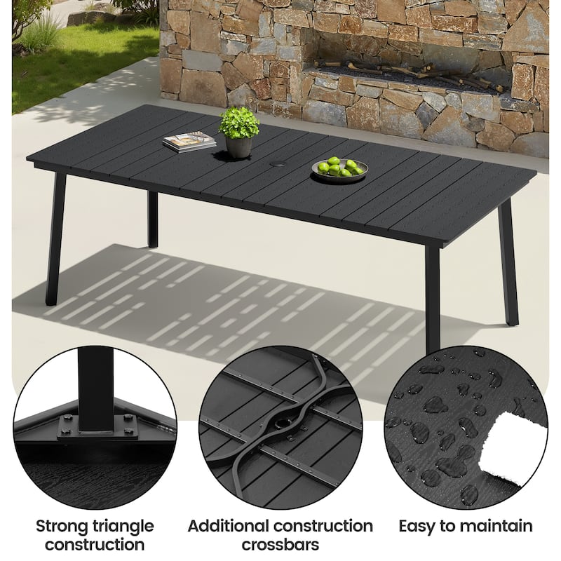 7-Piece Outdoor Rectangle Patio Dining Table with Umbrella Hole and Cushioned PE Rattan Chairs