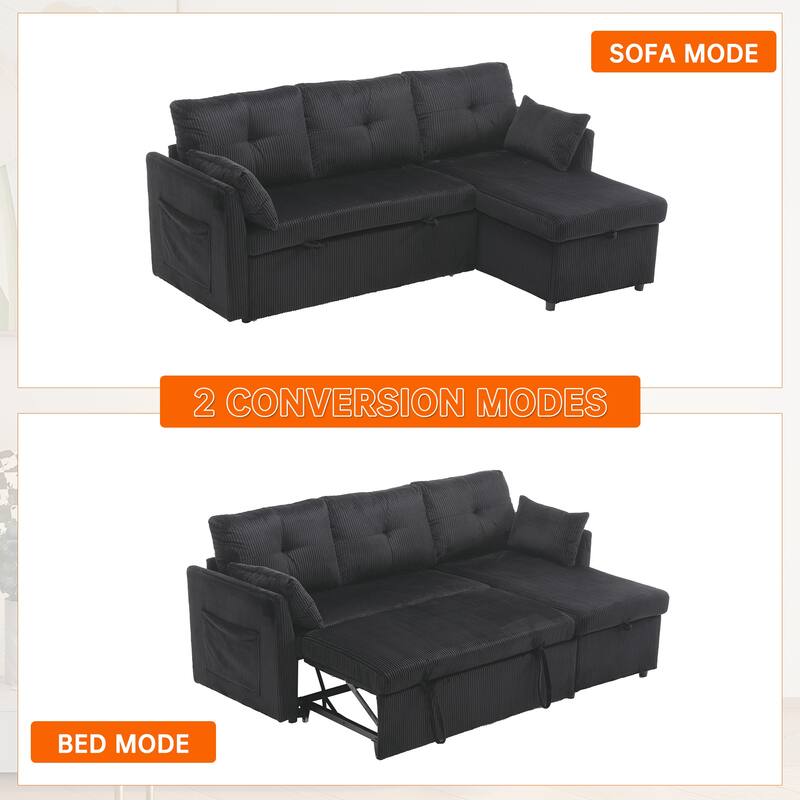 Corduroy/Chenille Upholstered L-Shaped Storage Reversible Chaise Sectional Sofa with Side Pocket