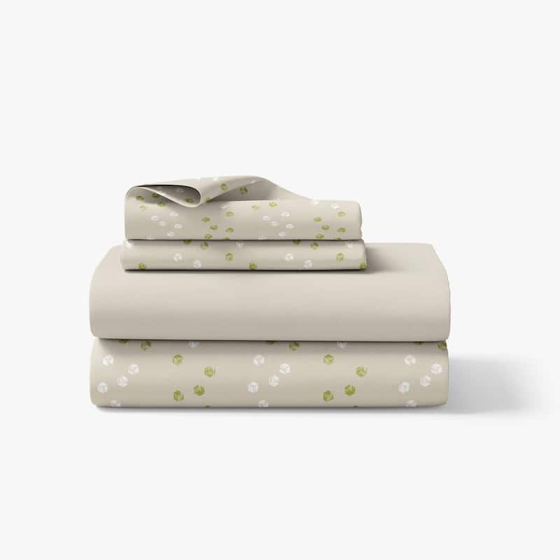 Deconovo Recycled Pillowcases Flat Sheet & Fitted Sheet 4 Pieces - Queen - Beige-Green Cube