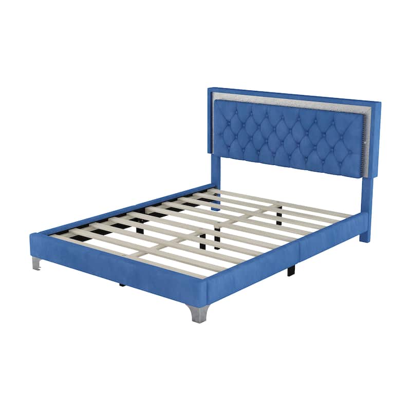 Upholstered Bed Frame with LED Lights,Modern Velvet Platform Bed