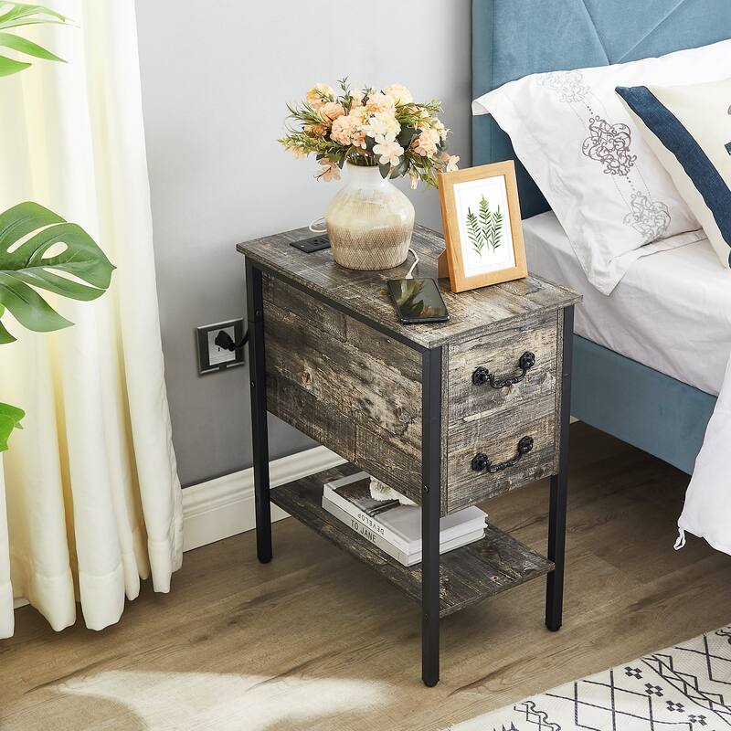 Taomika Industrial 2-Drawer Nightstand with Charging Station 2 USB/2 AC Ports & Open Shelf for Bedroom and Living Room