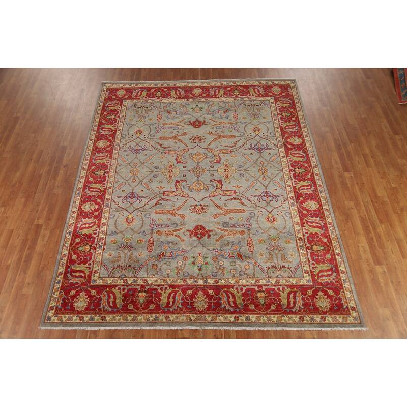 Vegetable Dye Ziegler Area Rug Handmade Green Floral Wool Carpet - 7'11" x 9'10"