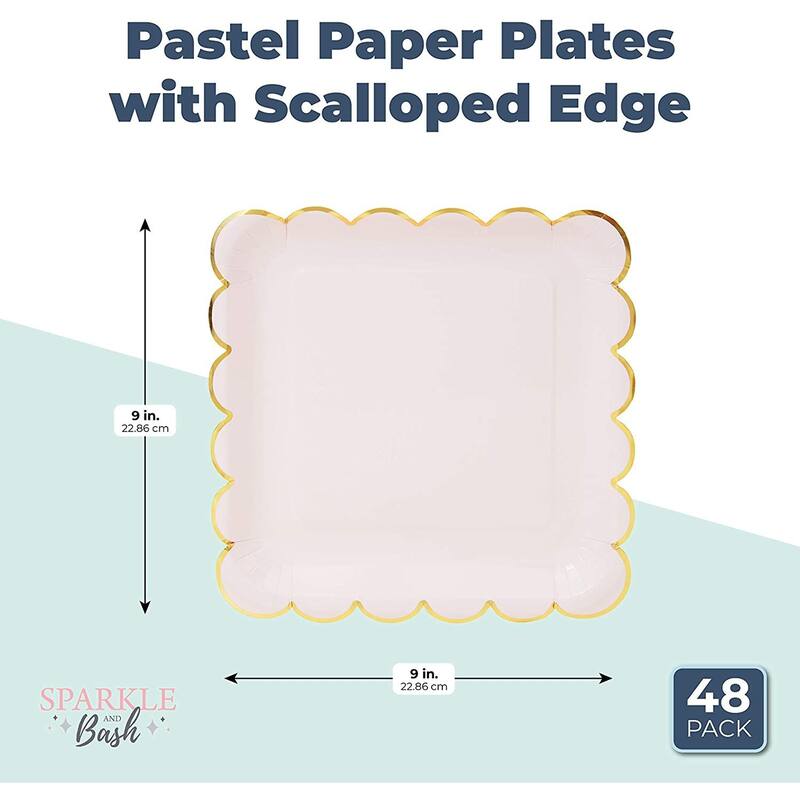 Pastel Paper Plates with Scalloped Gold Foil (9 Inches, 48 Pack)