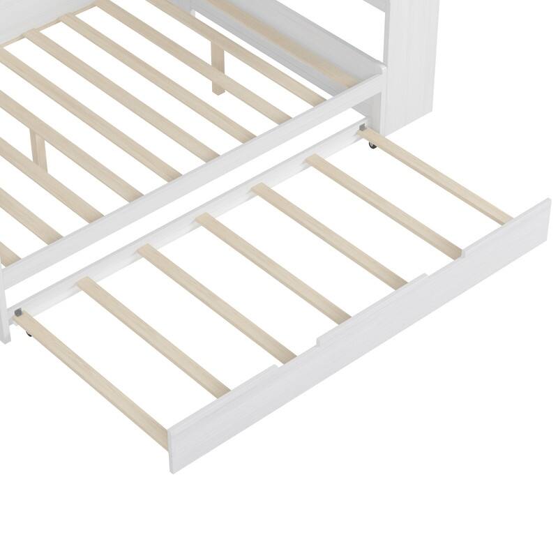 Wooden Daybed with Storage Shelves, Multi-functional Bed with Twin Size Trundle Bed and Study Desk