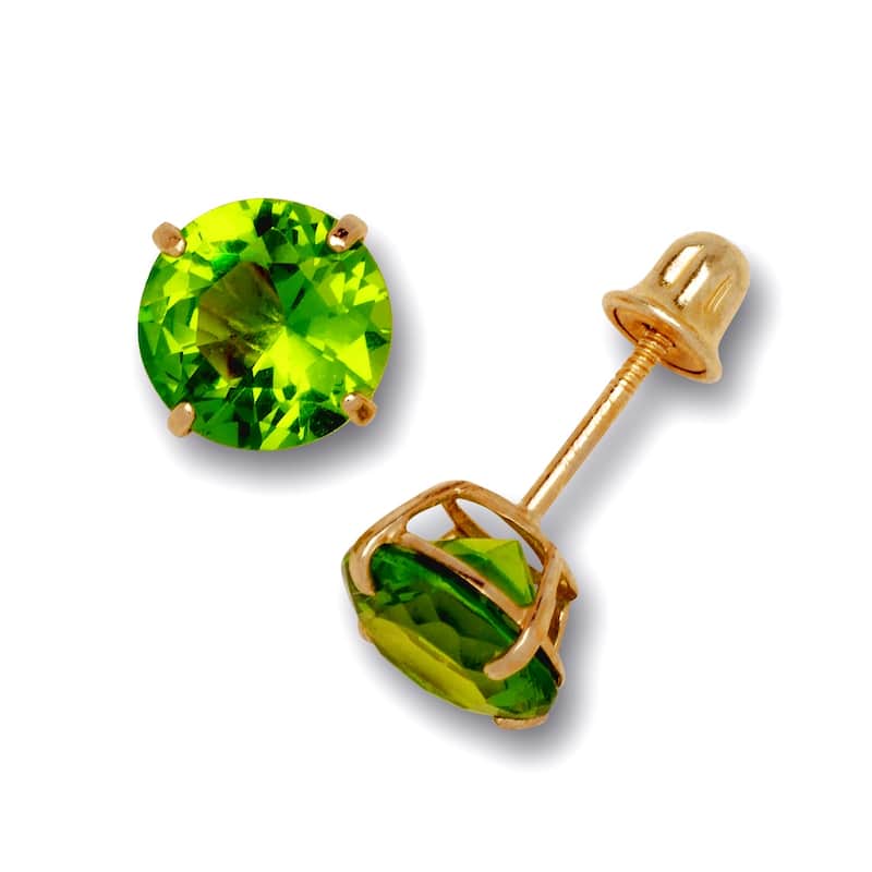 14K Yellow Gold 6mm Round Cubic Zircornia Birthstone Basket-Set Solitaire Screw-back Stud Earrings (12 colors) - Peridot