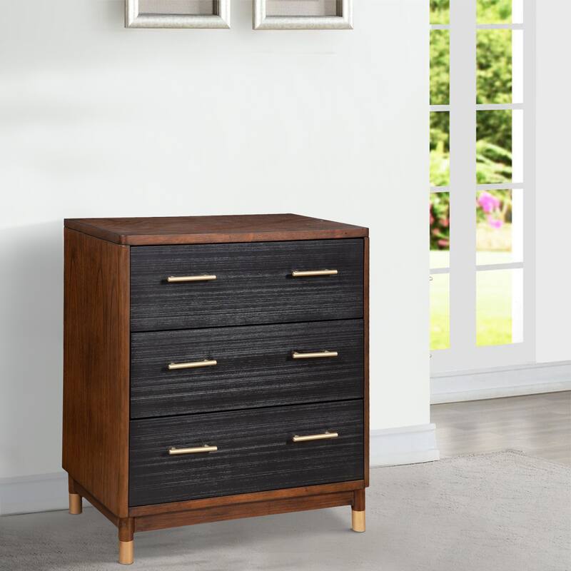 Chest with 3 Drawers and Round Legs, Brown and Black