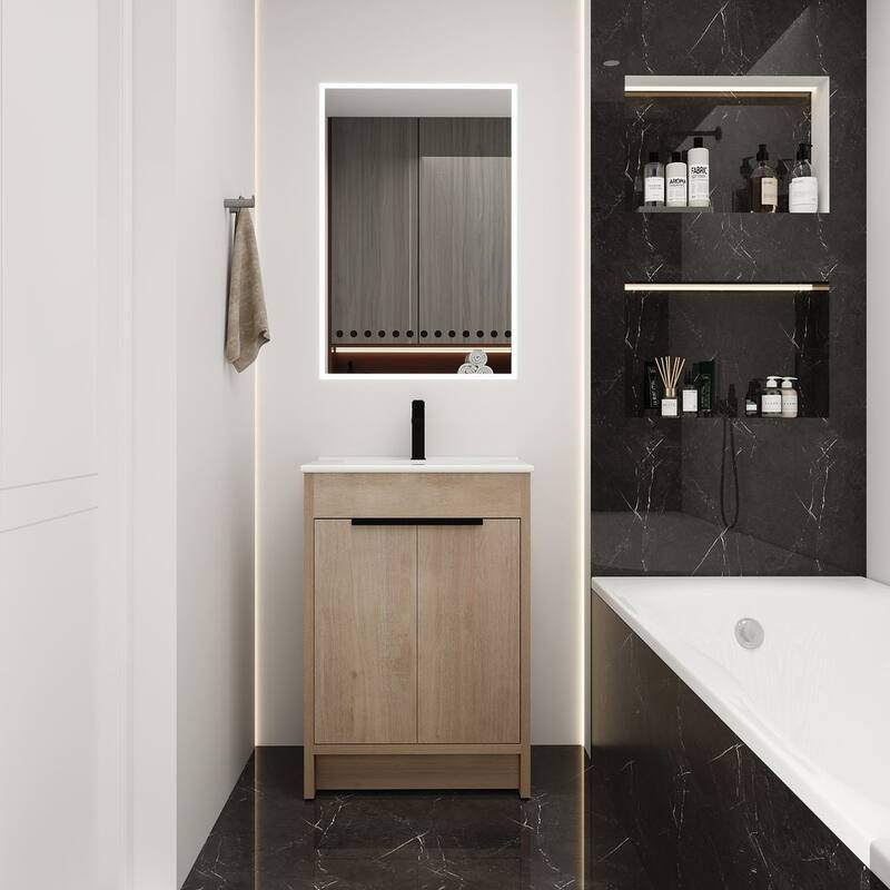 24", 30", 36" Freestanding Bathroom Vanity with White Ceramic Sink & Soft-Close Doors